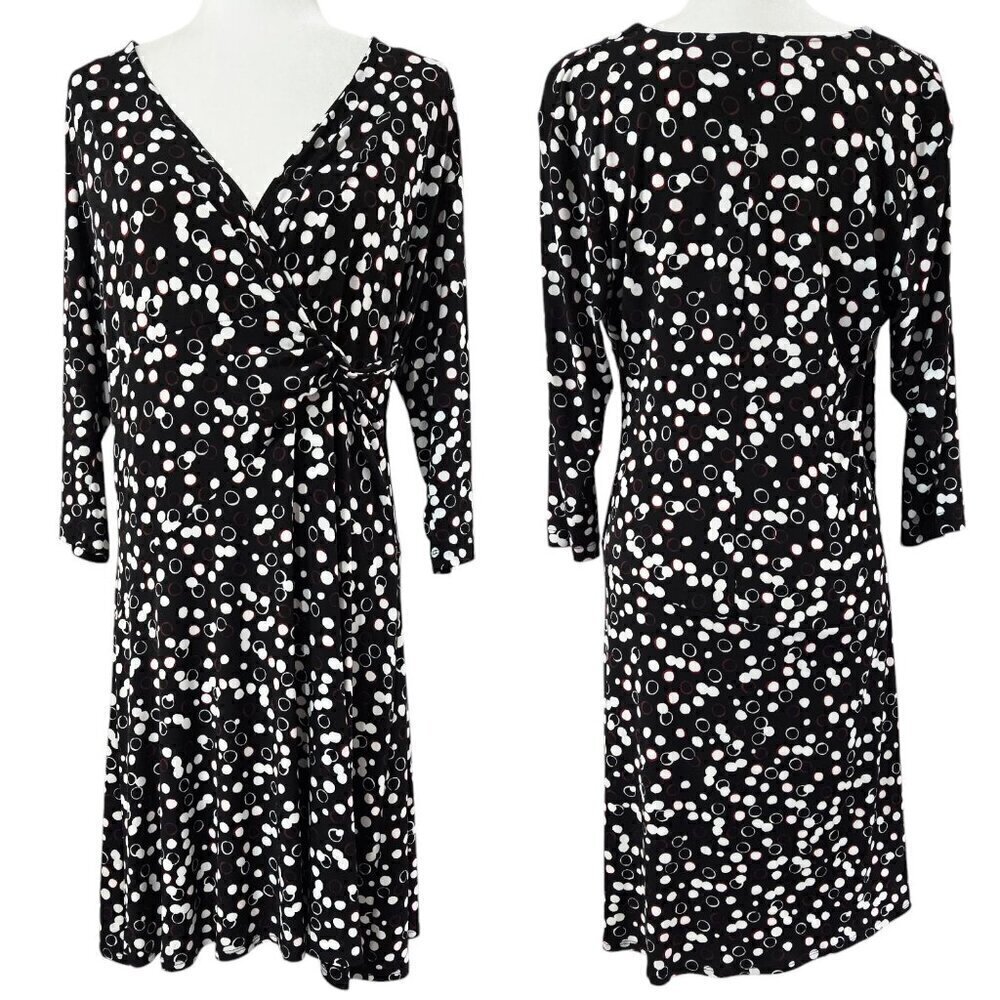 Chico's Black Abstract Polka Dot Surplice Neck Faux Wrap Liquid Knit Dress